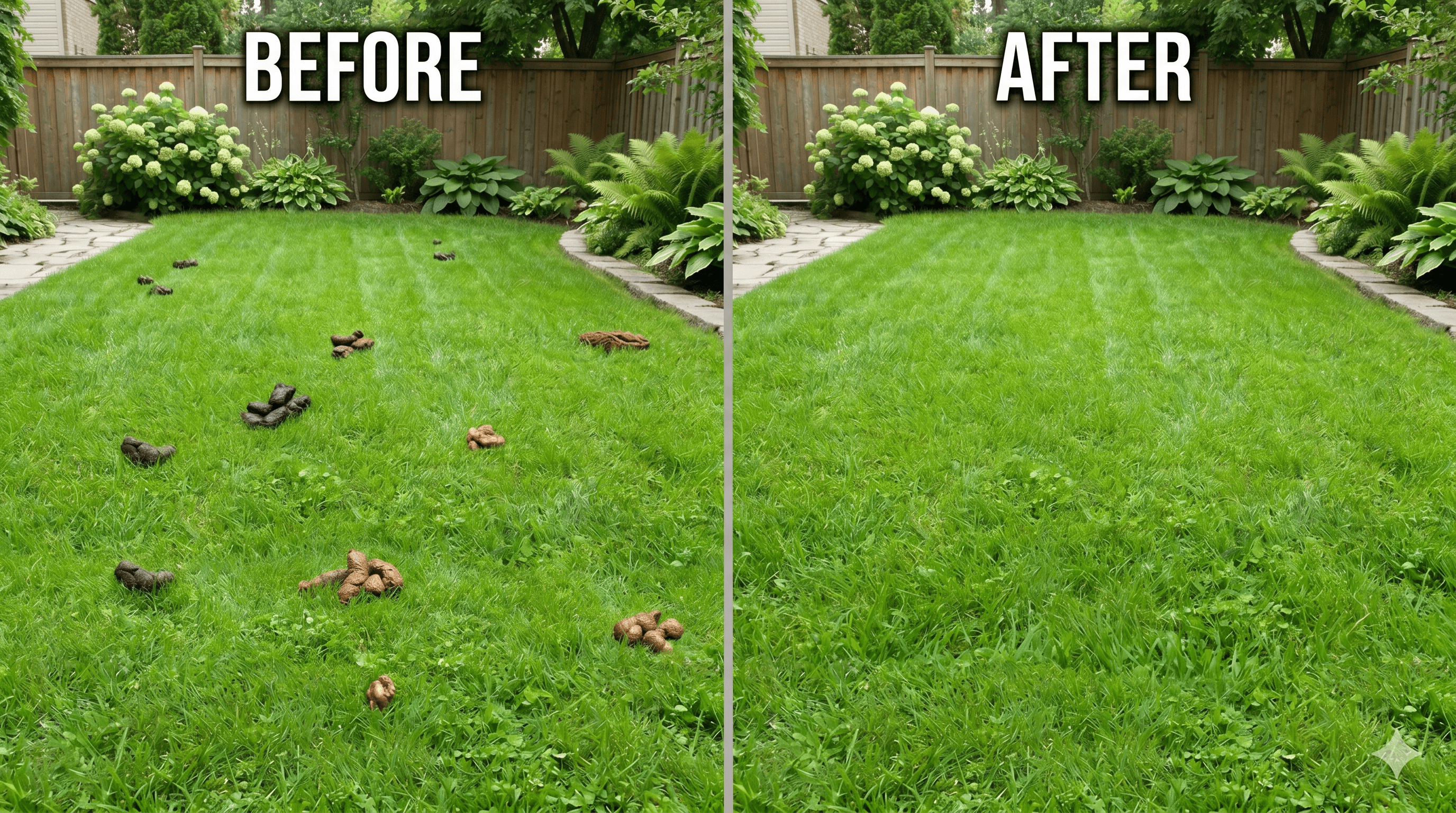 Side-by-side before and after photos of a yard serviced by SF Pet Waste Removal — left shows waste buildup, right shows the yard cleaned